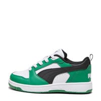 thumbnail: Wit, zwart en groene jongens en meisjes Puma Rebound V6 Lo sneakers van imitatieleer met elastische veters