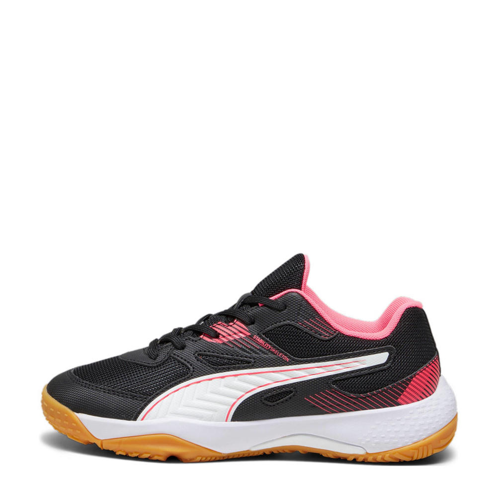 Zwart, wit en rode jongens en meisjes Puma Solarflash Jr II voetbalschoenen van imitatieleer met veters