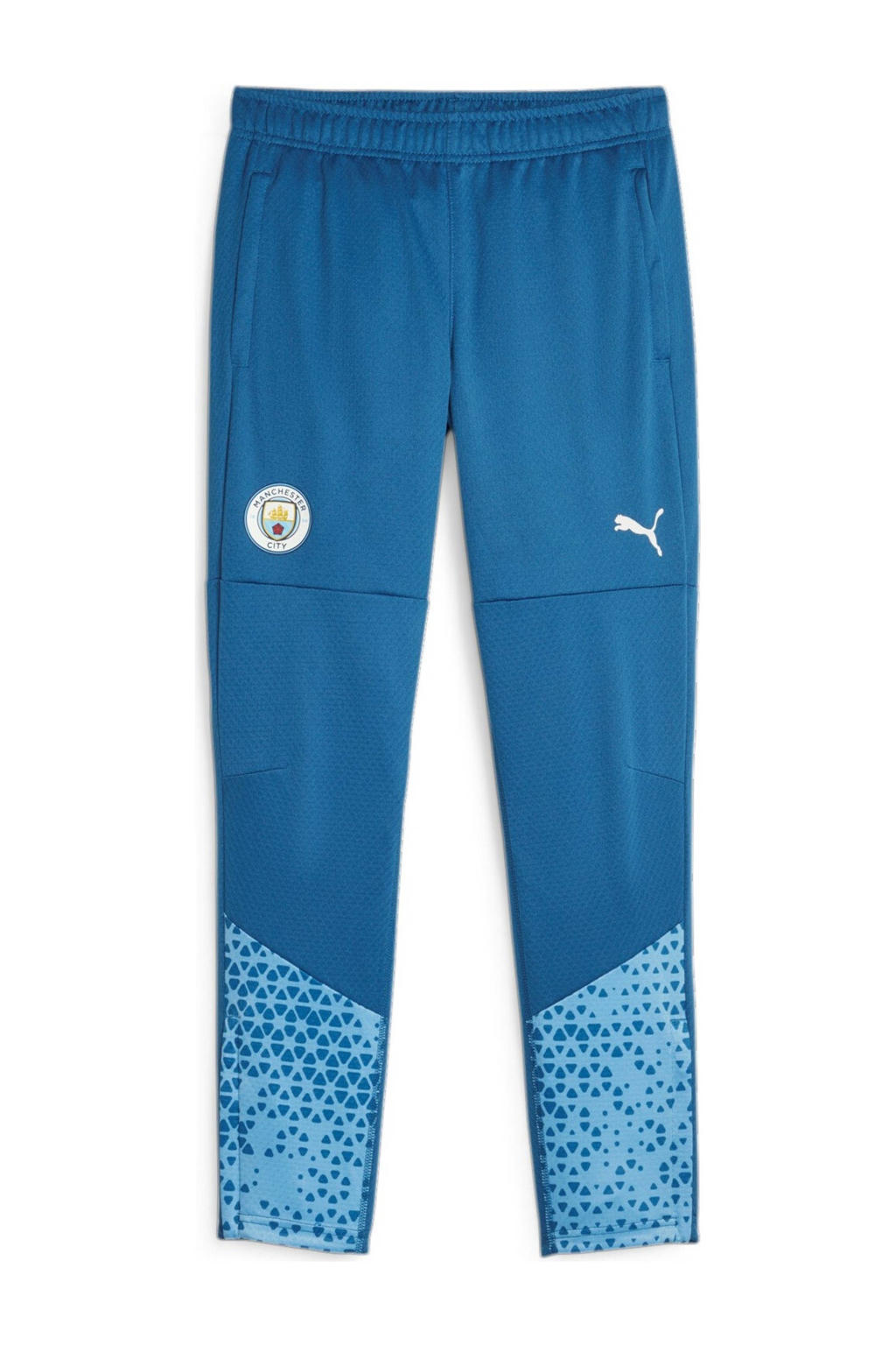 Blauwe jongens en meisjes Puma Manchester City voetbalbroek training van polyester met regular fit, elastische tailleband met koord en logo dessin