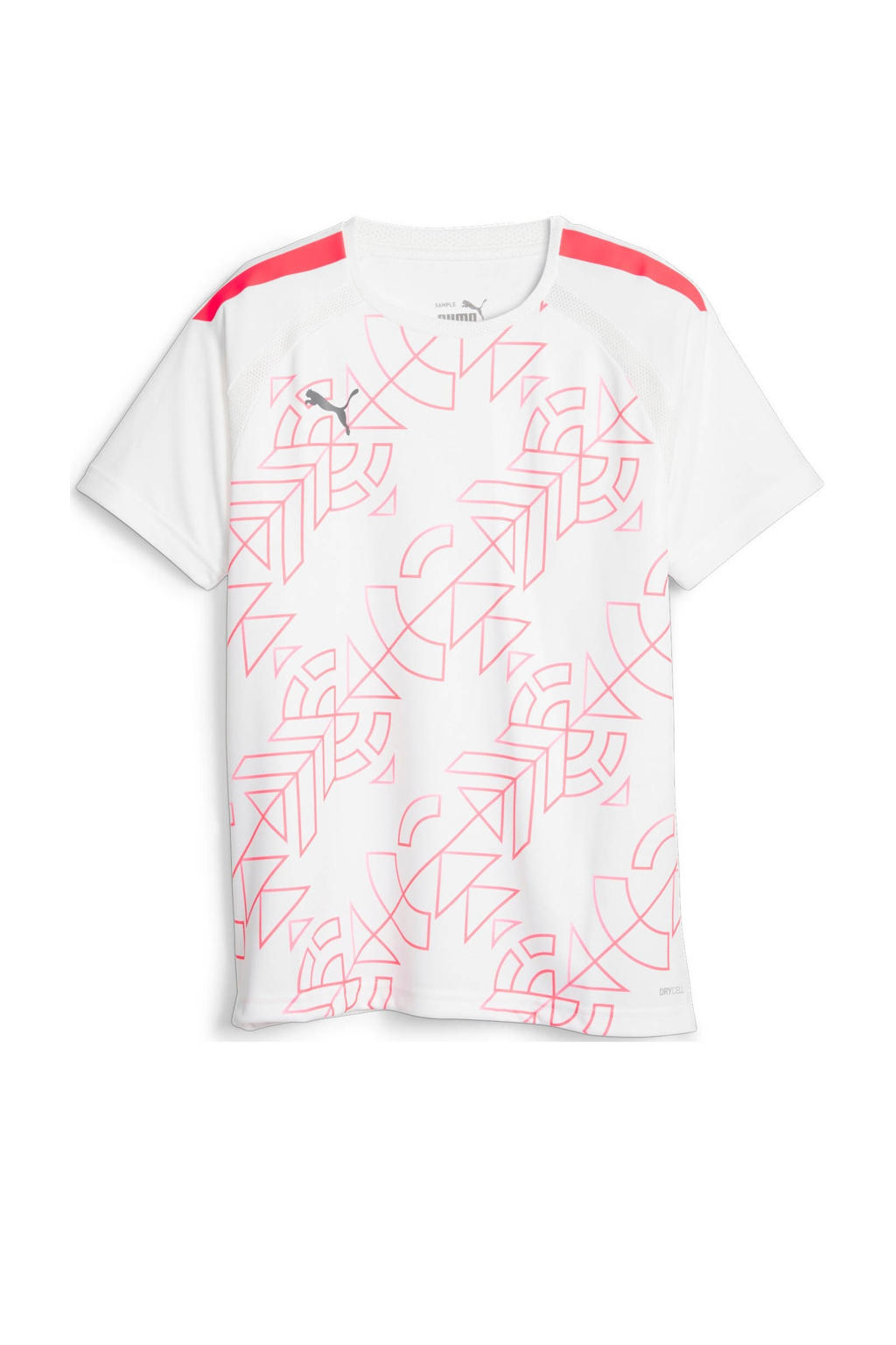 Wit en rode jongens en meisjes Puma Junior voetbalshirt van polyester met printopdruk, korte mouwen en ronde hals