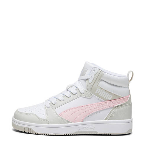 Puma Rebound V6 Mid sneakers wit/grijs/roze Jongens/Meisjes Imitatieleer