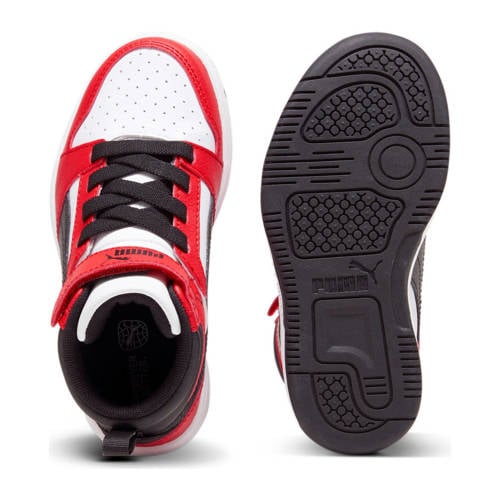 Puma Rebound V6 Mid sneakers wit/zwart/rood Jongens/Meisjes Imitatieleer