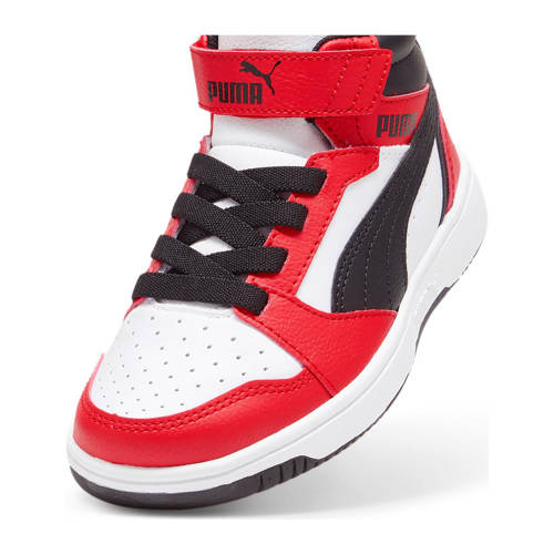 Puma Rebound V6 Mid sneakers wit/zwart/rood Jongens/Meisjes Imitatieleer
