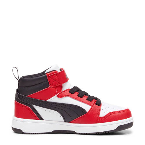 Puma Rebound V6 Mid sneakers wit/zwart/rood Jongens/Meisjes Imitatieleer 