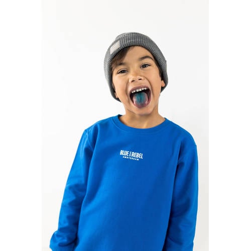 Blue Rebel sweater Harris met tekst hardblauw Jongens Katoen Ronde hals 110 116