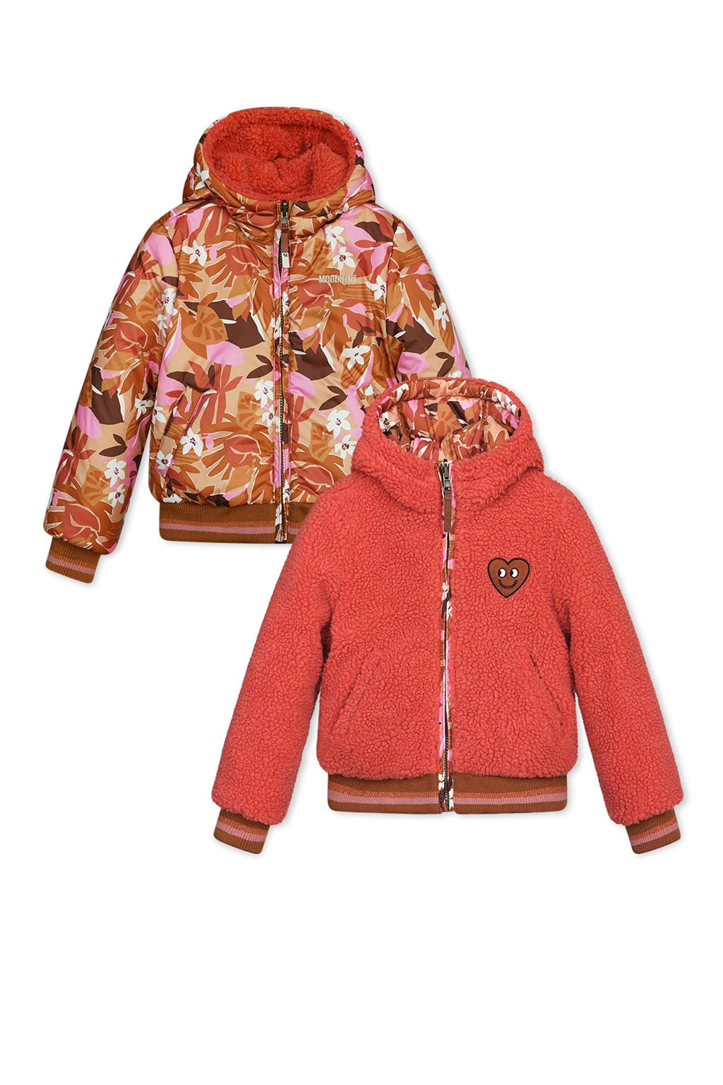 Moodstreet reversible winterjas met teddy oranje/bruin/roze