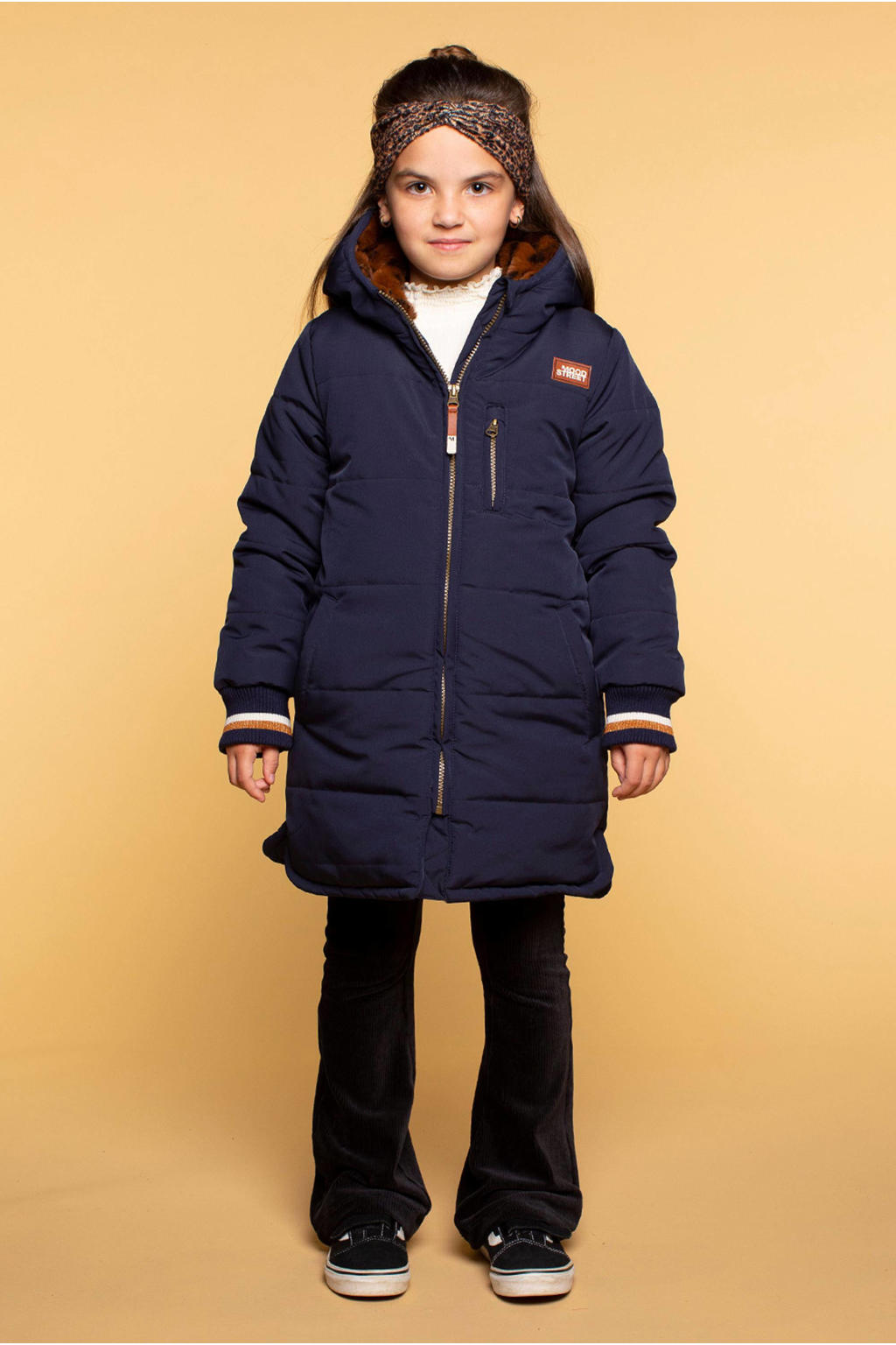 Blauwe meisjes Moodstreet gewatteerde winterjas van polyester met effen, lange mouwen, capuchon, ritssluiting en geribde boorden