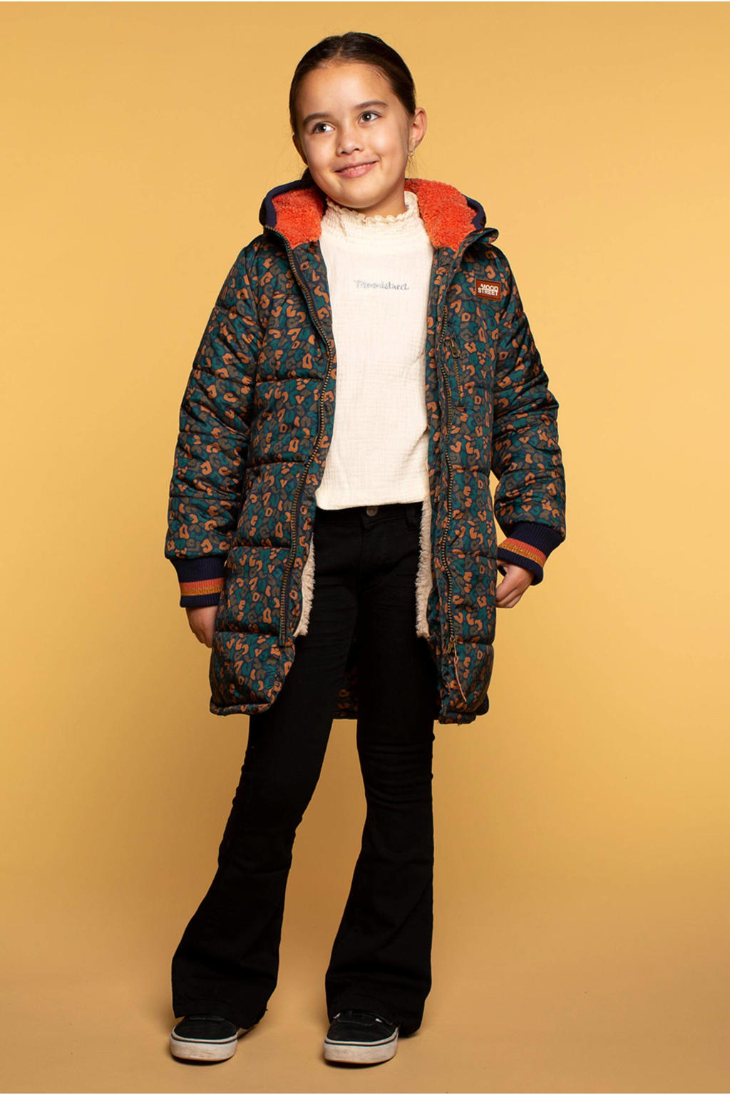 Groen, blauw en bruine meisjes Moodstreet gewatteerde winterjas van polyester met lange mouwen, capuchon, ritssluiting en geribde boorden