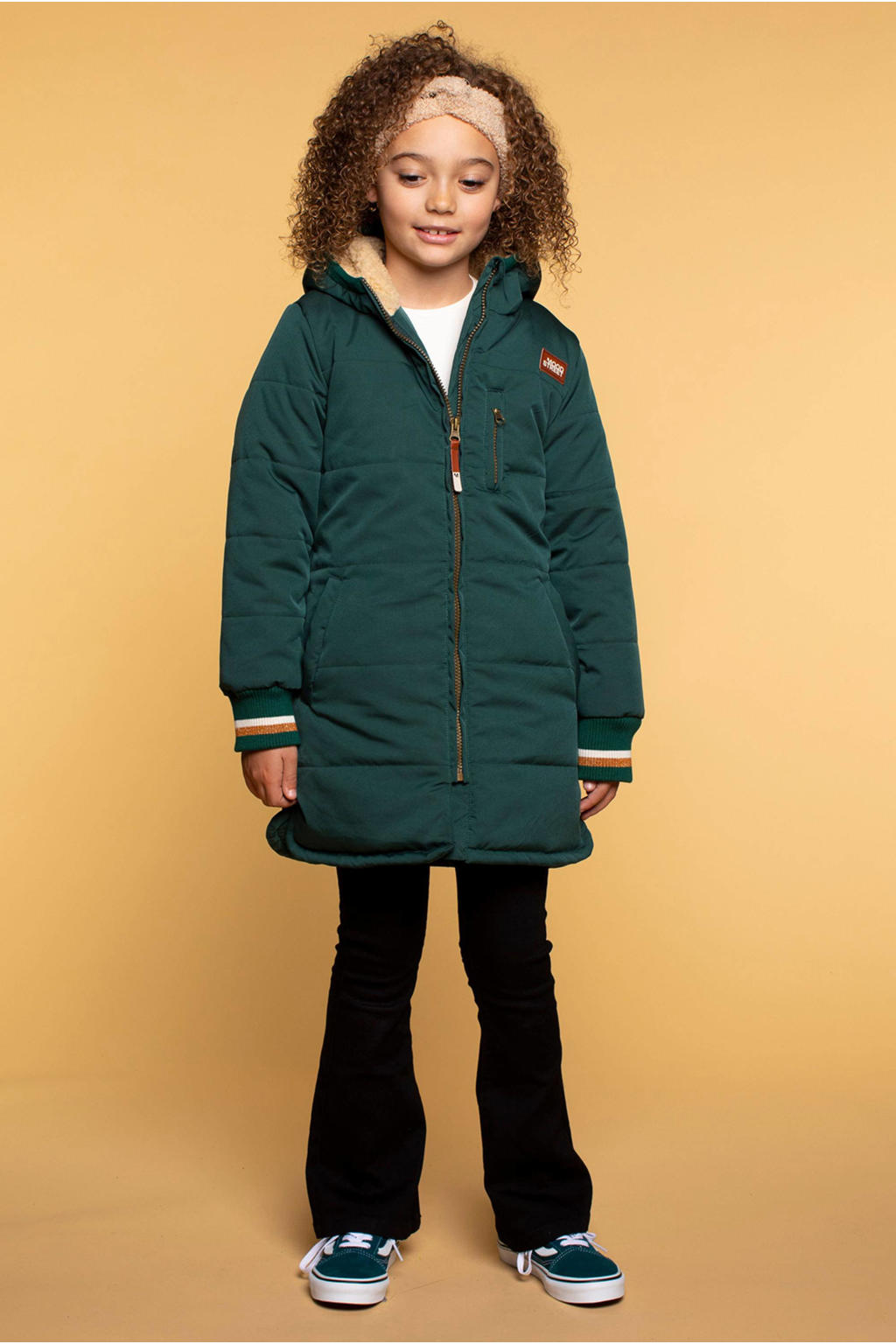 Groene meisjes Moodstreet gewatteerde winterjas van polyester met effen, lange mouwen, capuchon, ritssluiting en geribde boorden