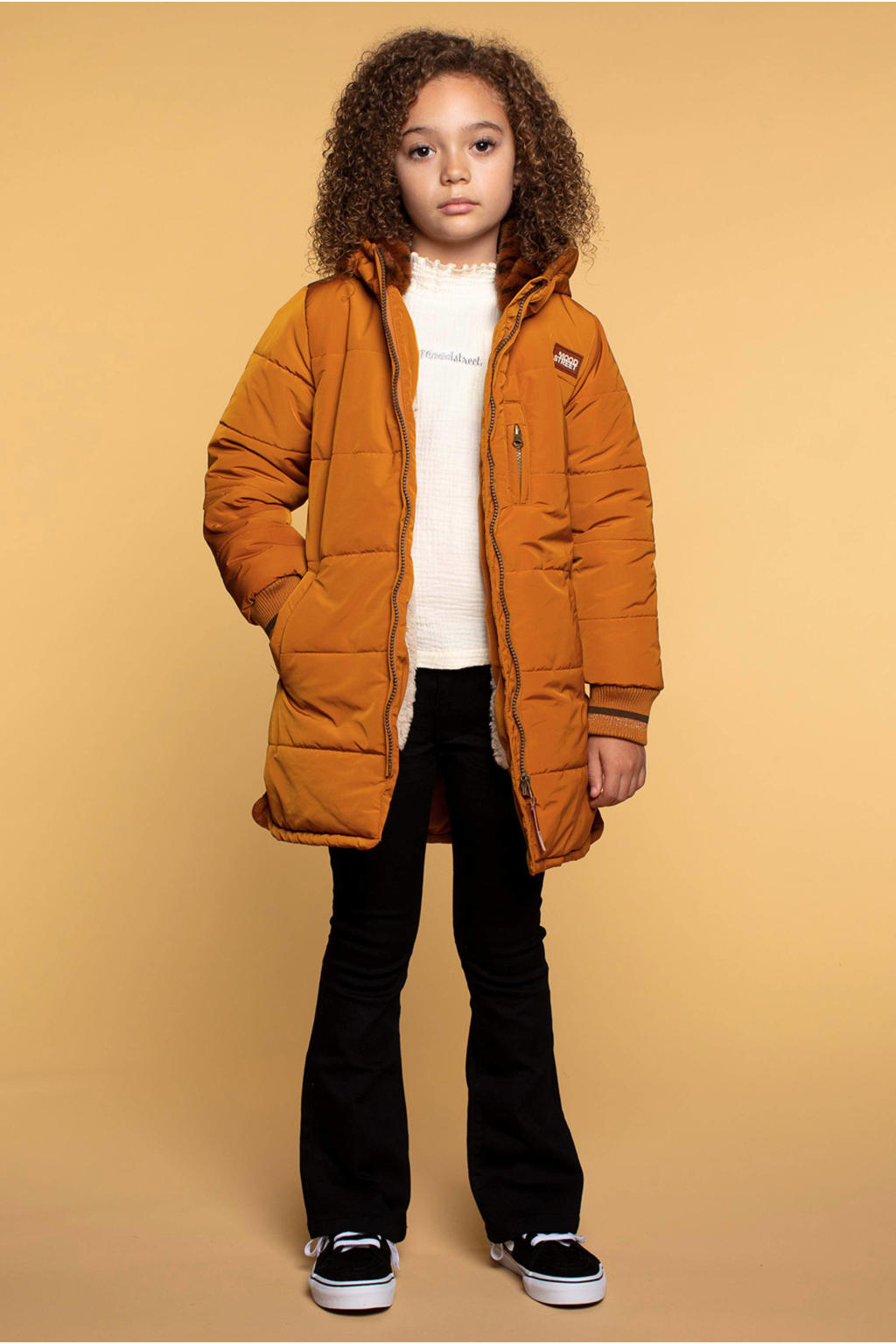 Bruine meisjes Moodstreet gewatteerde winterjas van polyester met effen, lange mouwen, capuchon, ritssluiting en geribde boorden