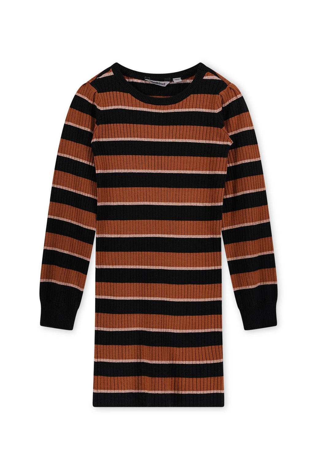 Zwart en bruine meisjes Moodstreet gestreepte bodycon jurk van acryl met lange mouwen en ronde hals