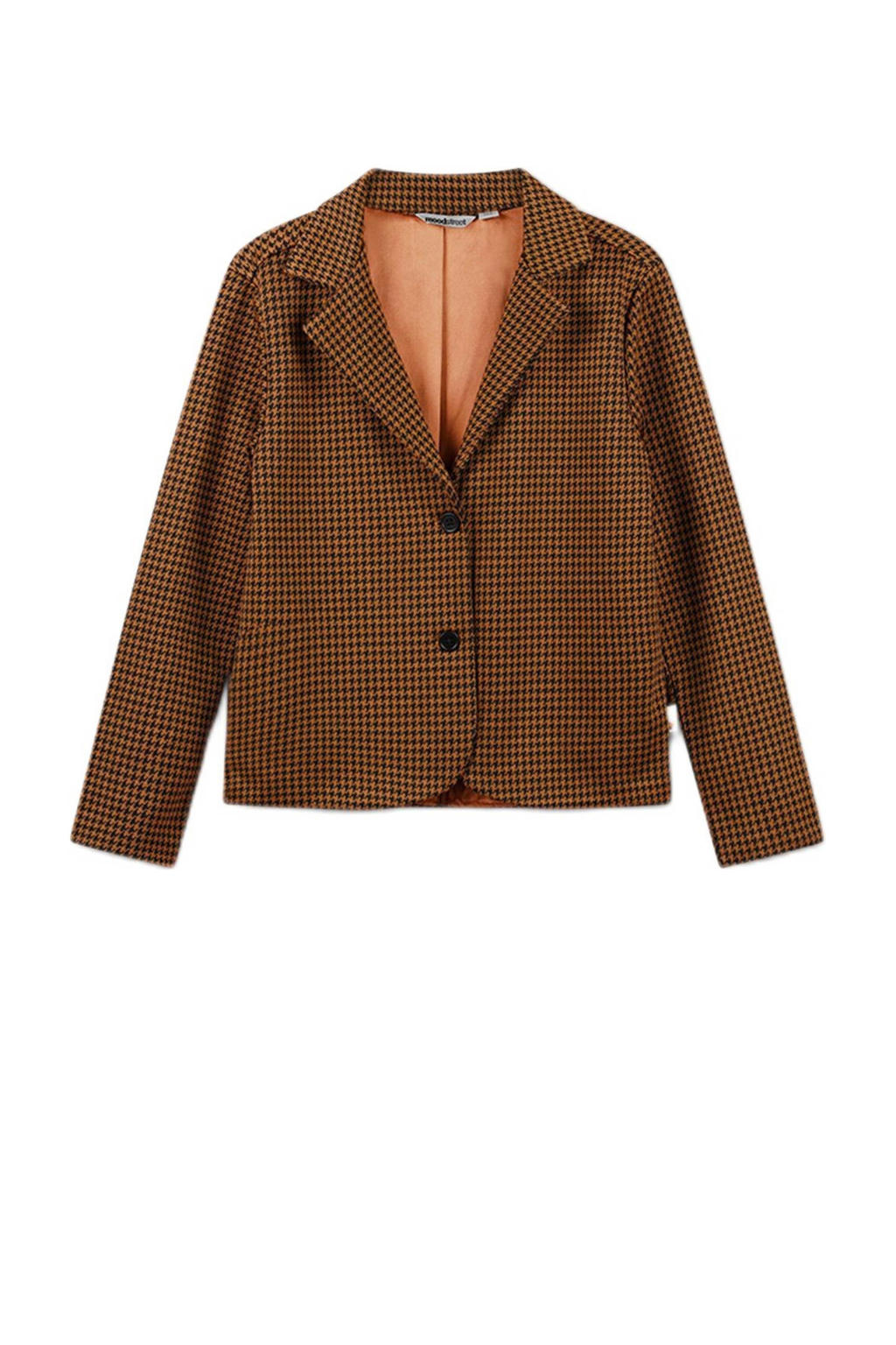 Bruin en zwarte meisjes Moodstreet geruite blazer karamel van polyester met lange mouwen, reverskraag en knoopsluiting