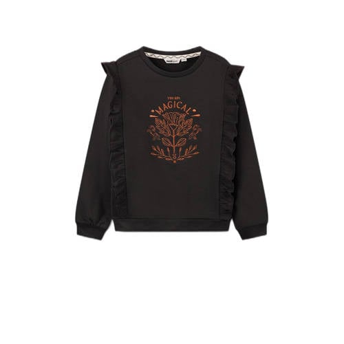 Moodstreet sweater met printopdruk zwart/oranje Meisjes Stretchkatoen Ronde hals - 110/116