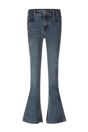high waist flared jeans met slijtage blue jeans