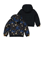thumbnail: Donkerblauw, blauw en bruine jongens Quapi reversible gewatteerde winterjas van polyester met all over print, lange mouwen, capuchon en ritssluiting