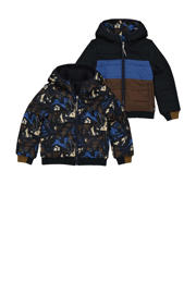 thumbnail: Donkerblauw, blauw en bruine jongens Quapi reversible gewatteerde winterjas van polyester met lange mouwen, capuchon en ritssluiting