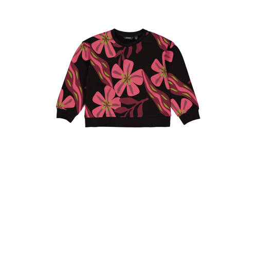 Quapi sweater AMY met all over print zwart/roze/groen Meisjes Katoen Ronde hals