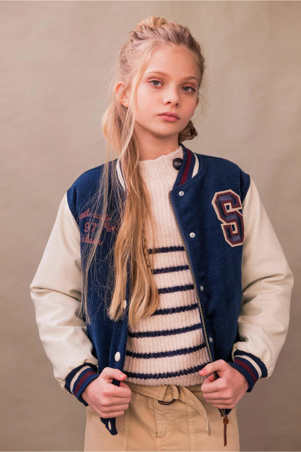 Blauw en witte meisjes Street called Madison baseball jacket van polyester met logo dessin, lange mouwen, ronde hals en drukknoopsluiting