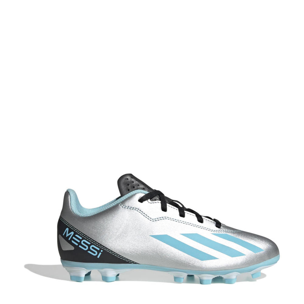 Zilver, lichtblauw en zwarte jongens en meisjes adidas Performance X Cazyfast Messi.4 FxG Jr. voetbalschoenen van imitatieleer met veters