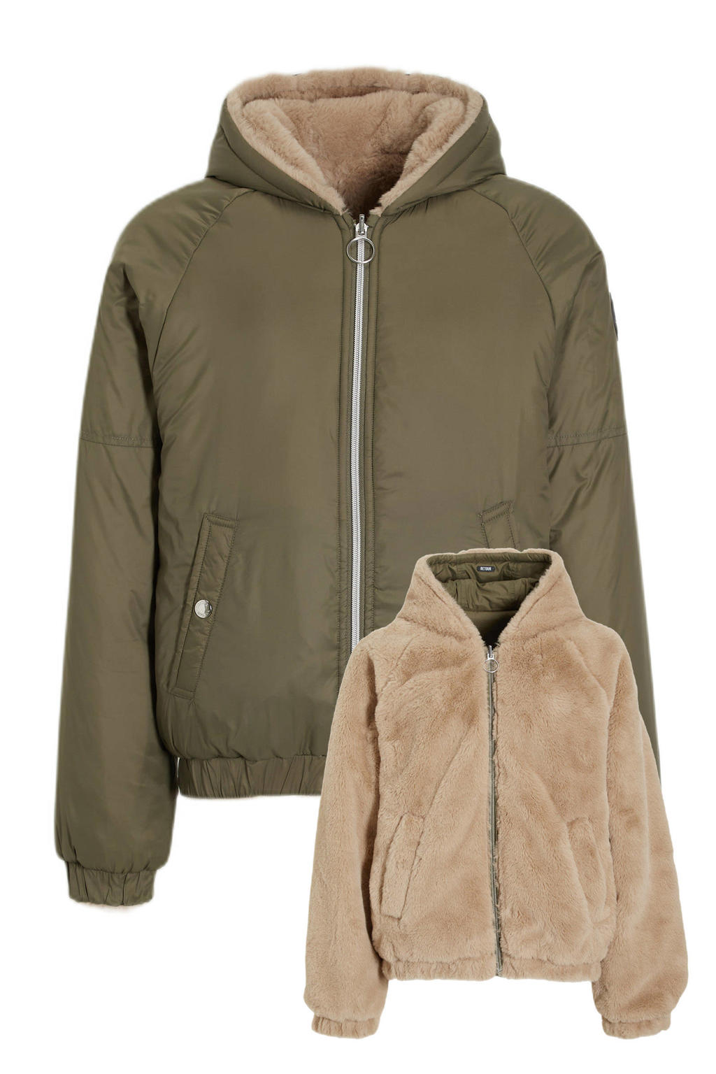Groen, kaki en zandkleurige meisjes Retour Jeans reversible gewatteerde winterjas Kiara van imitatiebont met effen, lange mouwen, capuchon en ritssluiting