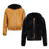 thumbnail: Bruin, donkerbruin en camelkleurige meisjes Retour Jeans reversible gewatteerde imitatiebont winterjas Kiara met effen, lange mouwen, capuchon en ritssluiting