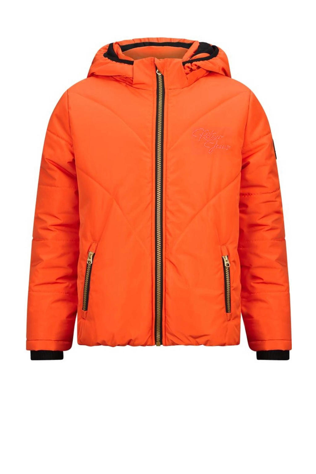 Oranje meisjes Retour Jeans gewatteerde winterjas Jael van polyester met effen, lange mouwen, capuchon, ritssluiting en geribde boorden