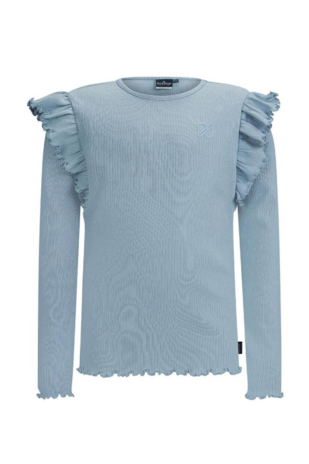 Blauwe meisjes Retour Jeans longsleeve Vera van stretchkatoen met effen, lange mouwen, ronde hals en ruches