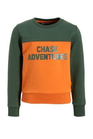 sweater Nikos met tekstopdruk oranje/groen