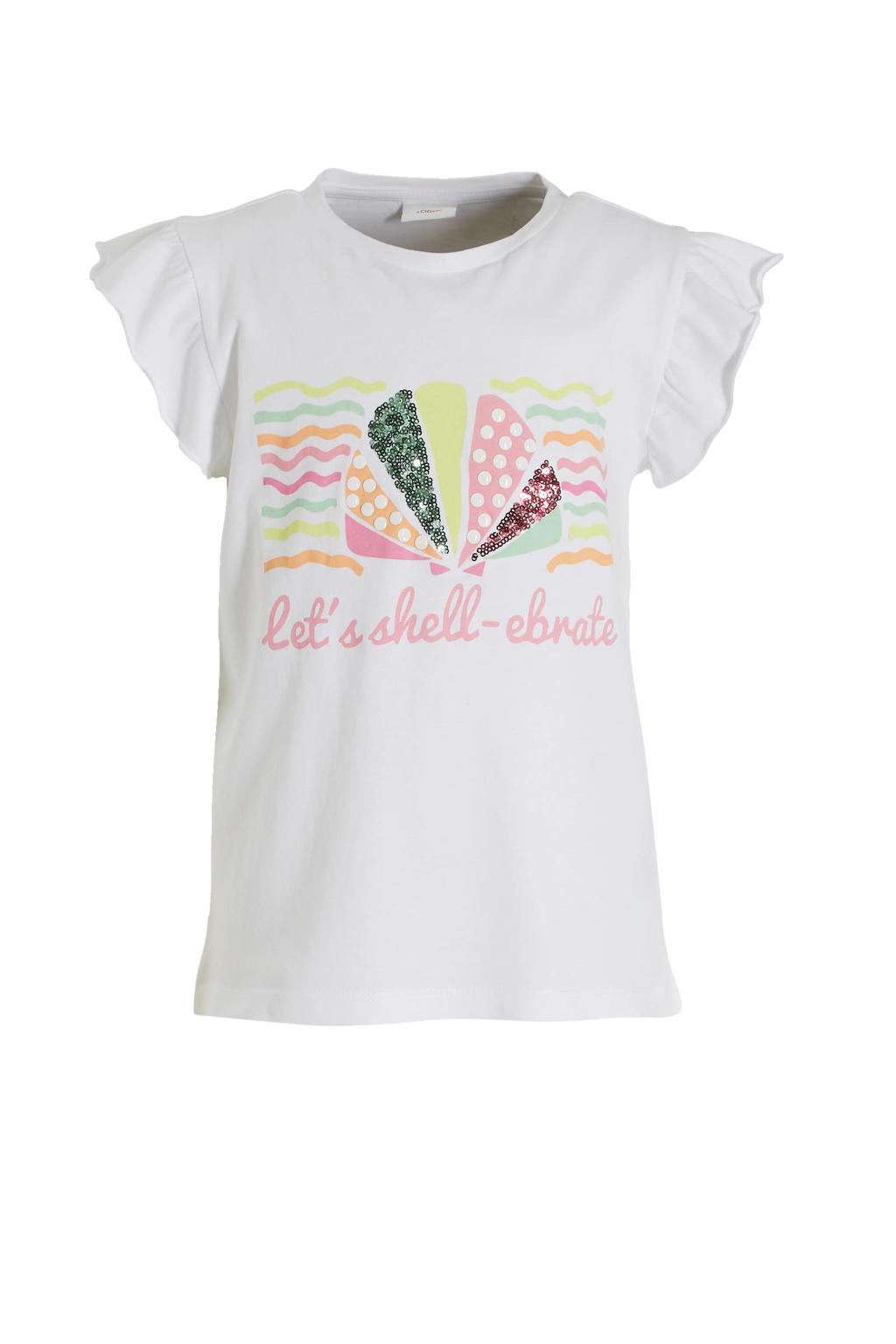 Witte meisjes s.Oliver T-shirt en ruches met printopdruk, kapmouwtjes en ronde hals