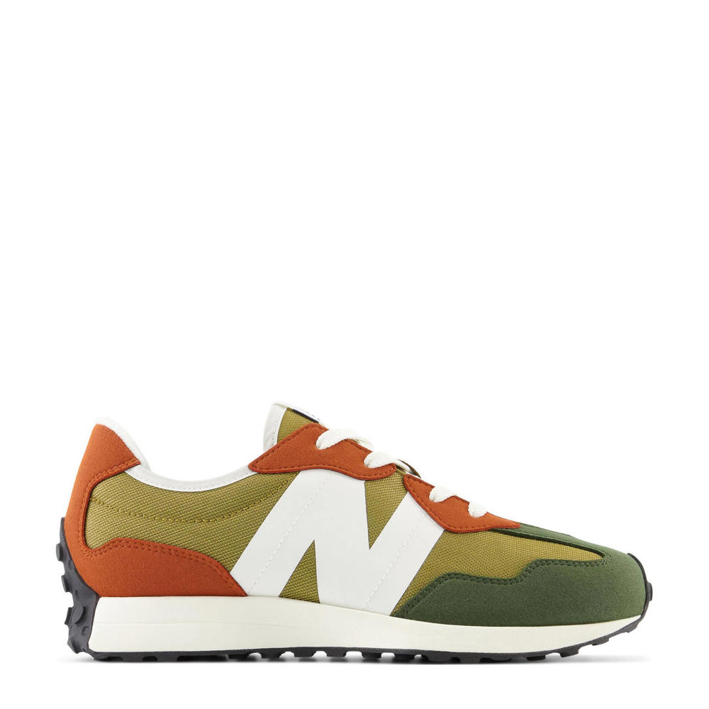 Camel, oranje en groene jongens en meisjes New Balance 327 sneakers van nylon met veters
