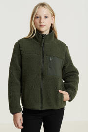 thumbnail: Kakikleurige meisjes anytime teddy fleece vest met meerkleurige print, lange mouwen, opstaande kraag en ritssluiting