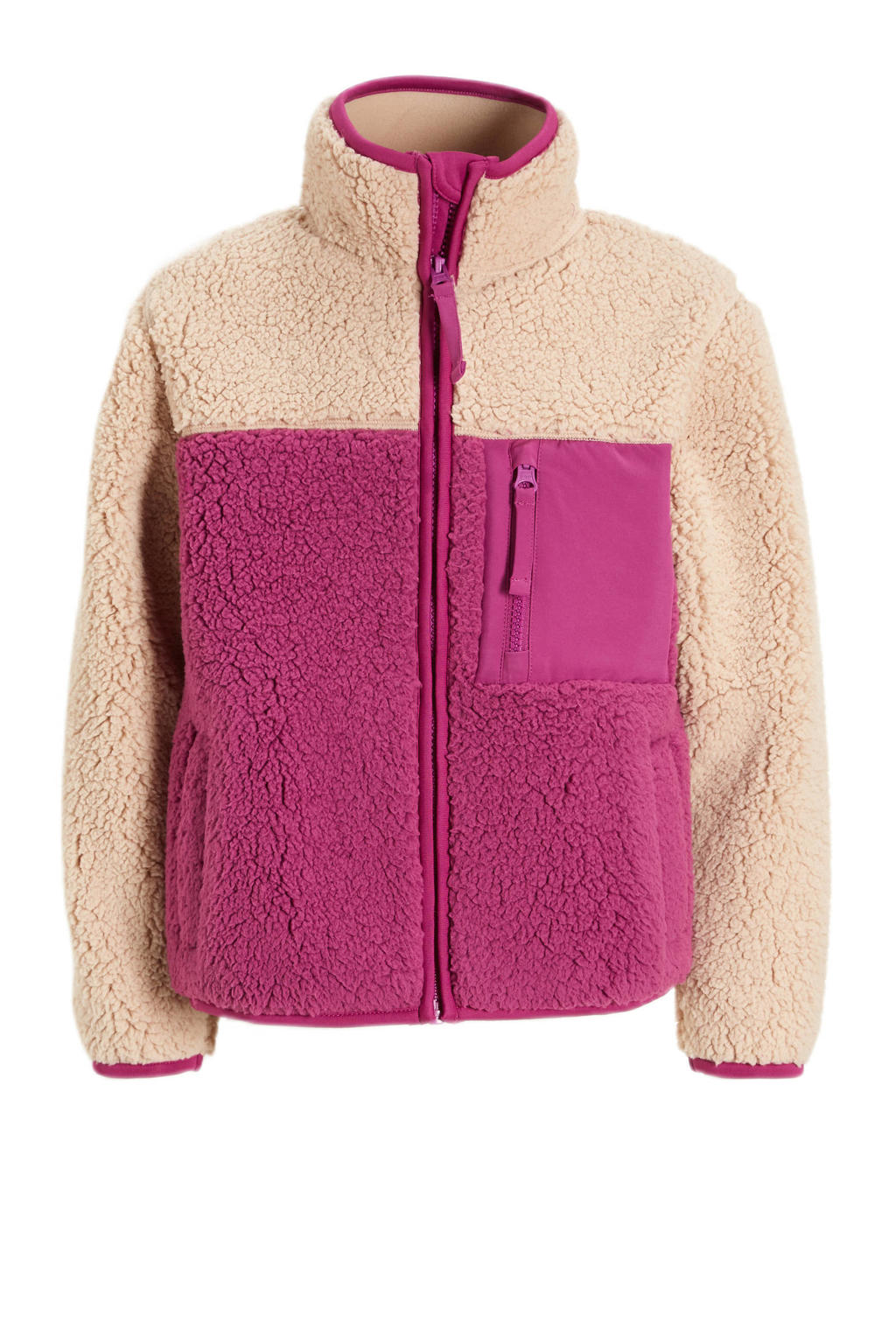 Magenta en beige meisjes anytime teddy fleece vest magenta met meerkleurige print, lange mouwen, opstaande kraag en ritssluiting