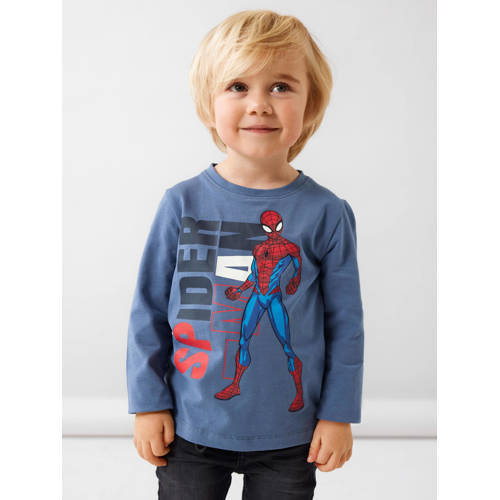 NAME IT MINI Spider-Man T-shirt NMMJANY met printopdruk blauw Jongens Stretchkatoen Ronde hals