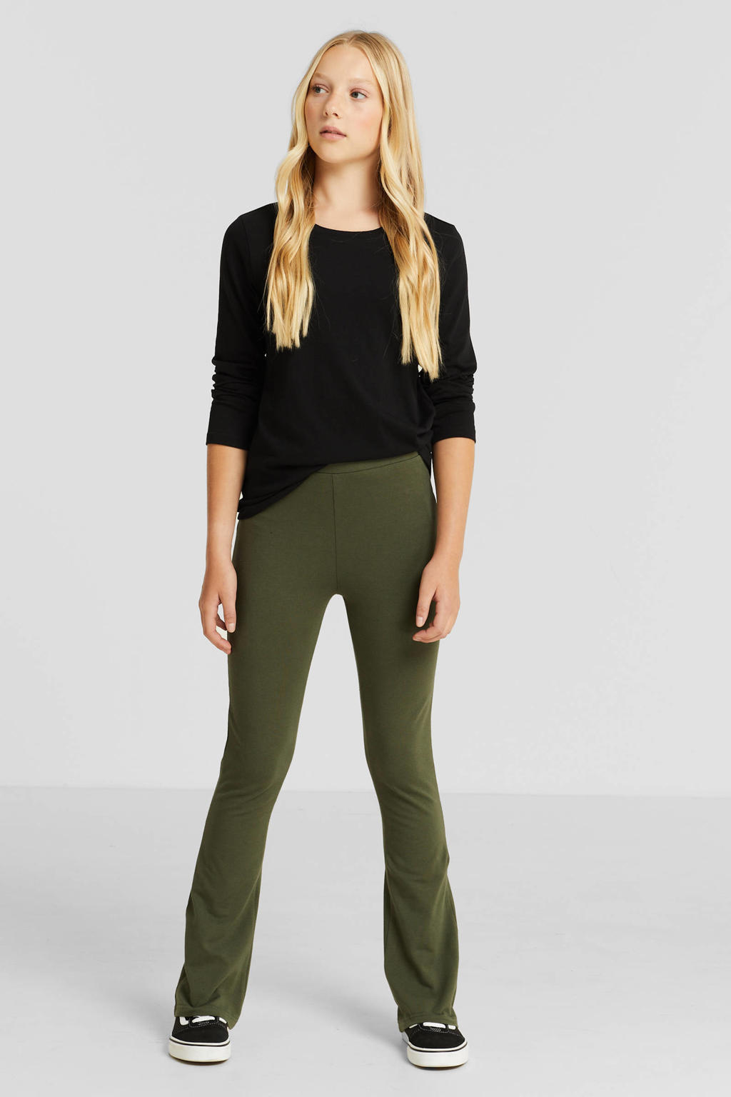 Set van 2 kakikleurige meisjes anytime flared legging van katoen met elastische tailleband en effen