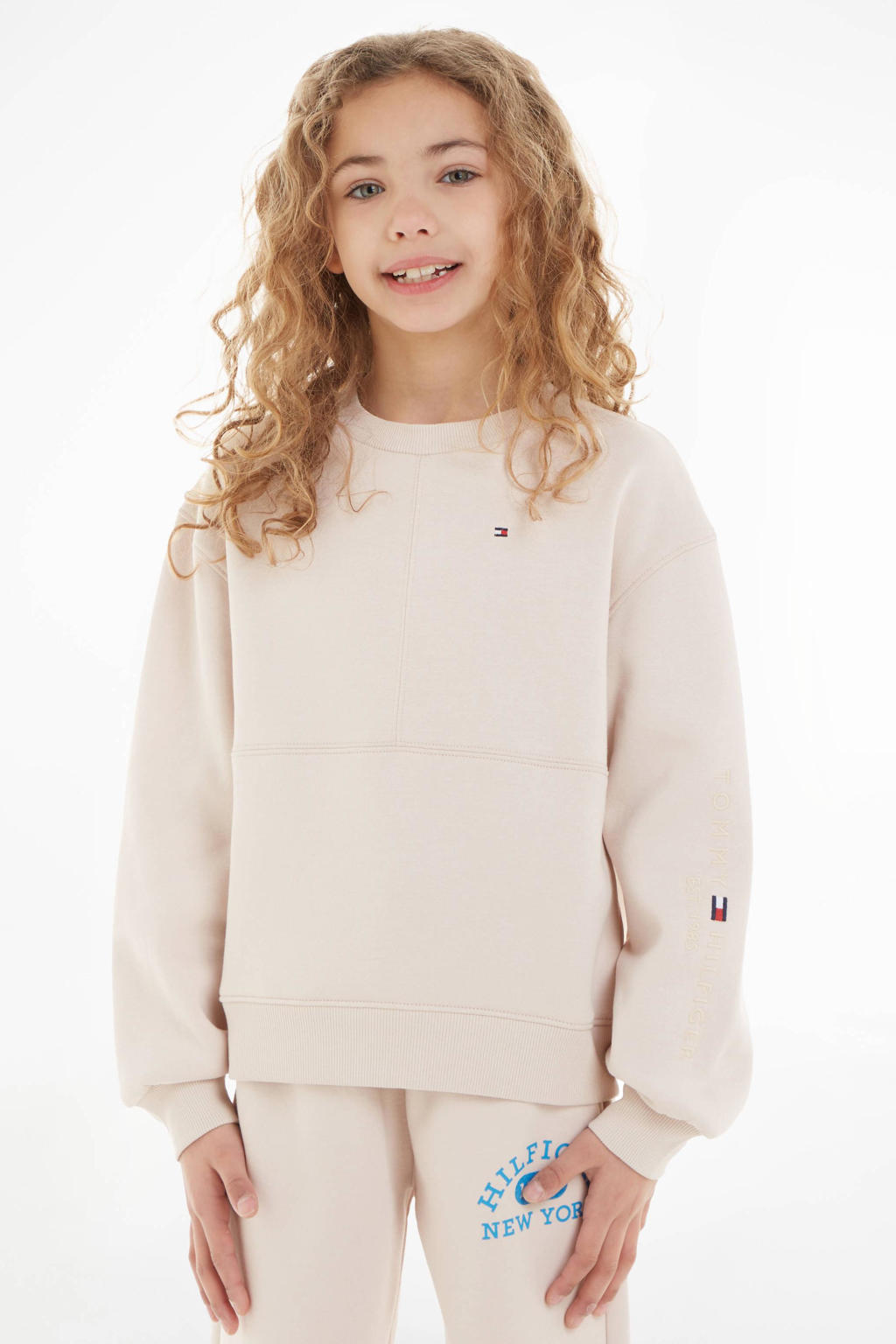 Crème meisjes Tommy Hilfiger sweater met effen, lange mouwen, ronde hals en geribde boorden