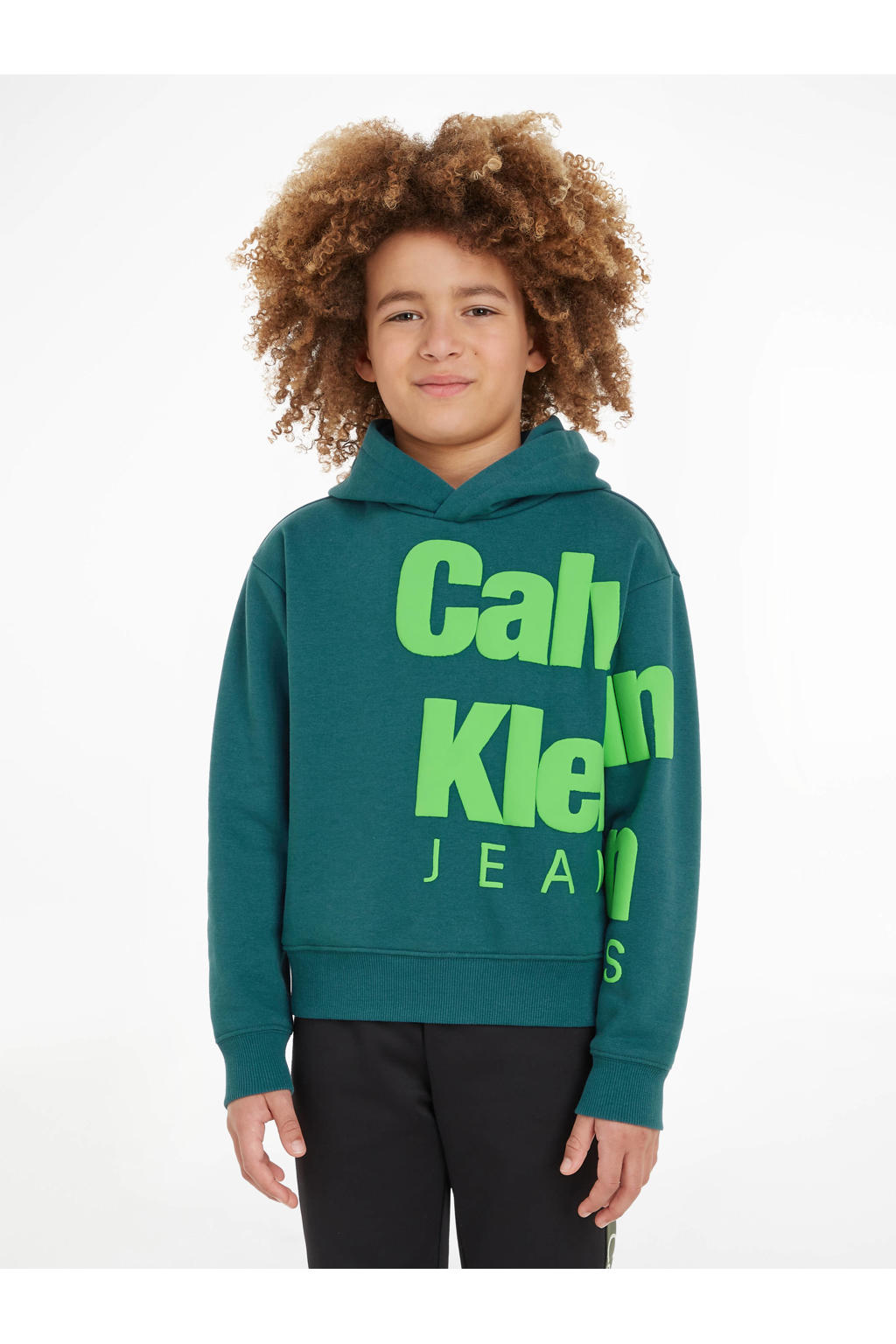 Groene jongens Calvin Klein hoodie van sweat materiaal met tekst print, lange mouwen en capuchon