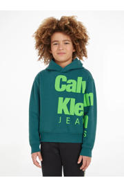 thumbnail: Groene jongens Calvin Klein hoodie van sweat materiaal met tekst print, lange mouwen en capuchon
