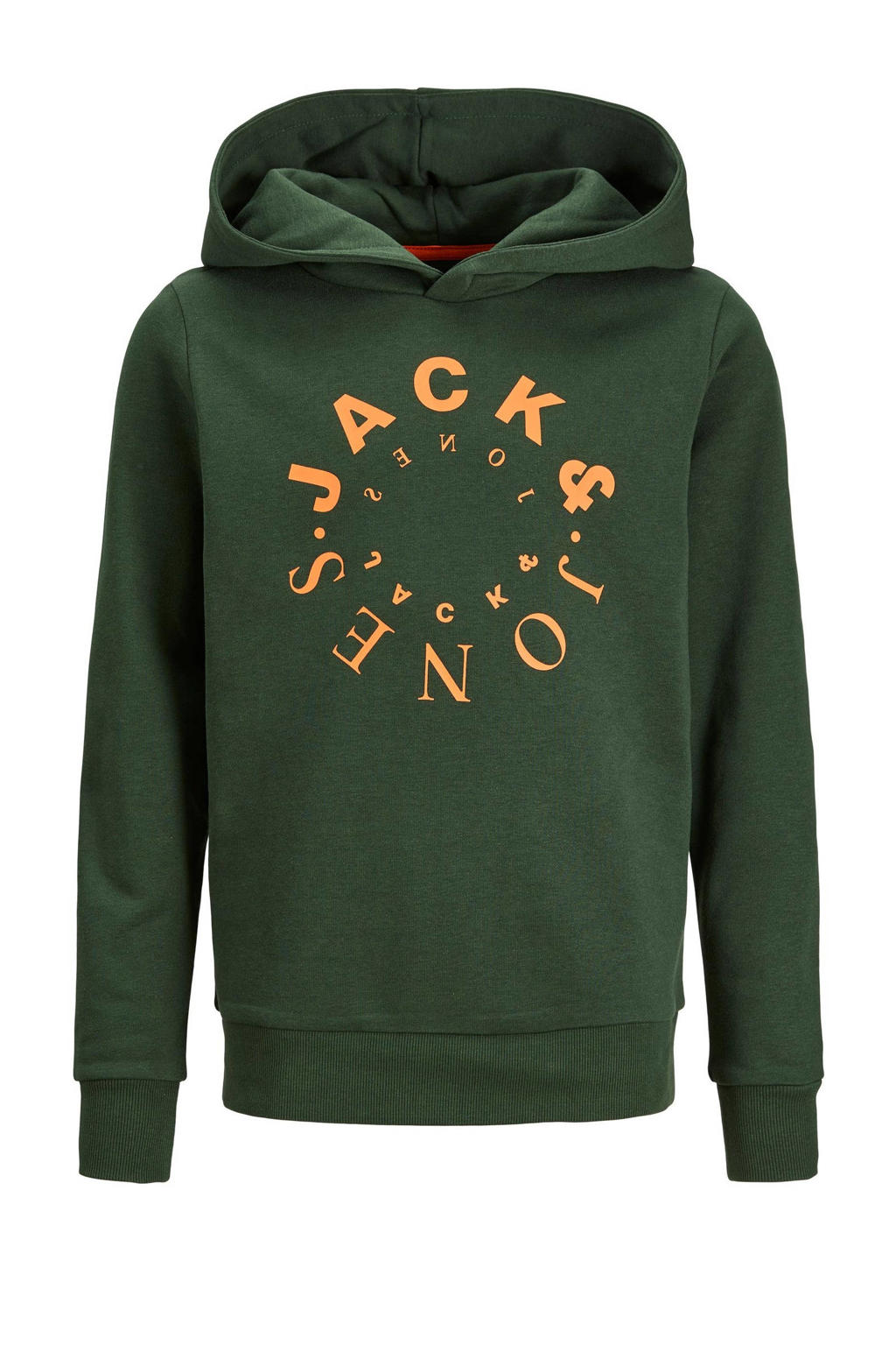 Groene jongens JACK & JONES JUNIOR hoodie van sweat materiaal met logo dessin, lange mouwen en capuchon