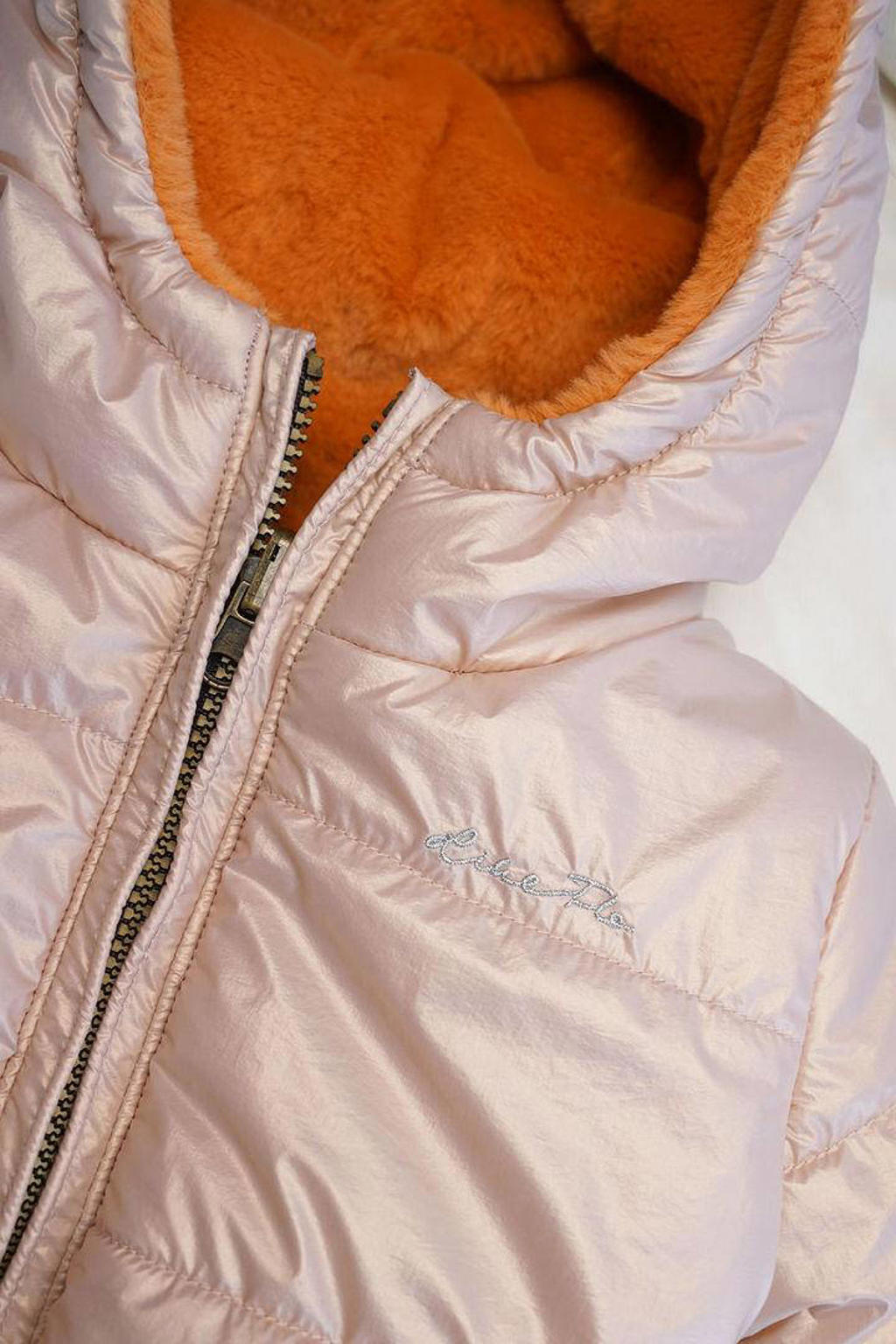 Roze, oranje en metallickleurige meisjes Like Flo reversible winterjas van polyester met effen, lange mouwen, capuchon en ritssluiting