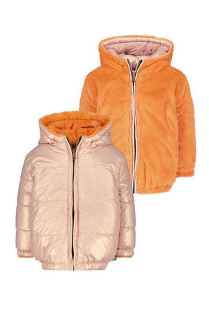 reversible winterjas met imitatiebont oranje/metallic roze