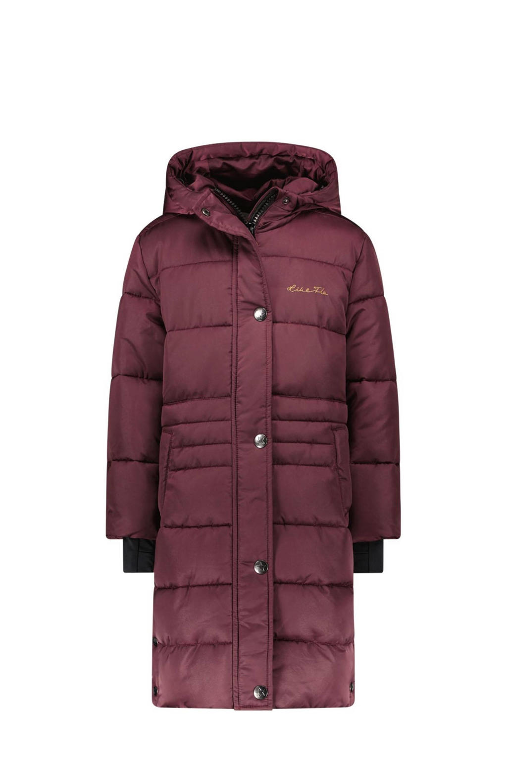 Donkerrode meisjes Like Flo lange gewatteerde winterjas van polyester met effen, lange mouwen, capuchon, rits- en drukknoopsluiting en split