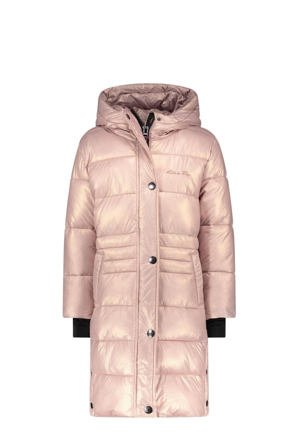 Roze meisjes Like Flo gewatteerde winterjas van polyester met effen, lange mouwen, capuchon, rits- en drukknoopsluiting en doorgestikte details