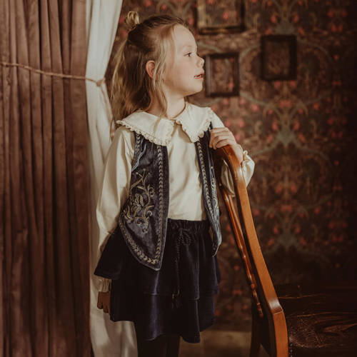 Your Wishes gilet Hanoi met printopdruk en borduursels blauw goud Meisjes Suede Openvallende hals 86
