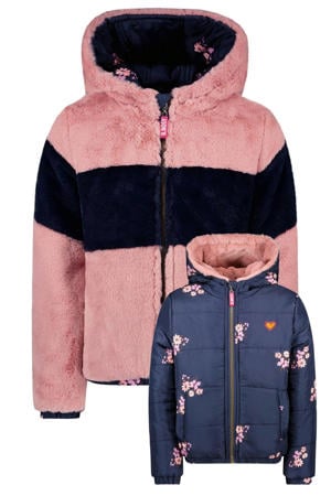 reversible gewatteerde imitatiebont winterjas roze/donkerblauw