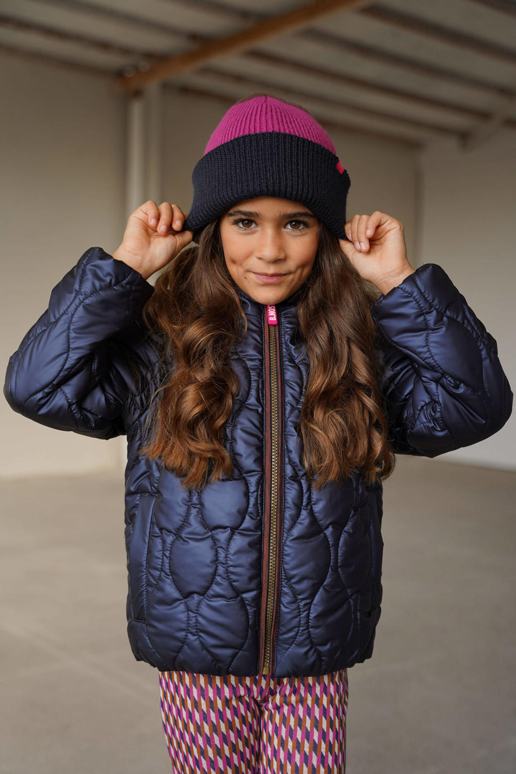 Blauwe meisjes B.Nosy gewatteerde winterjas van polyester met effen, lange mouwen, capuchon, ritssluiting en doorgestikte details