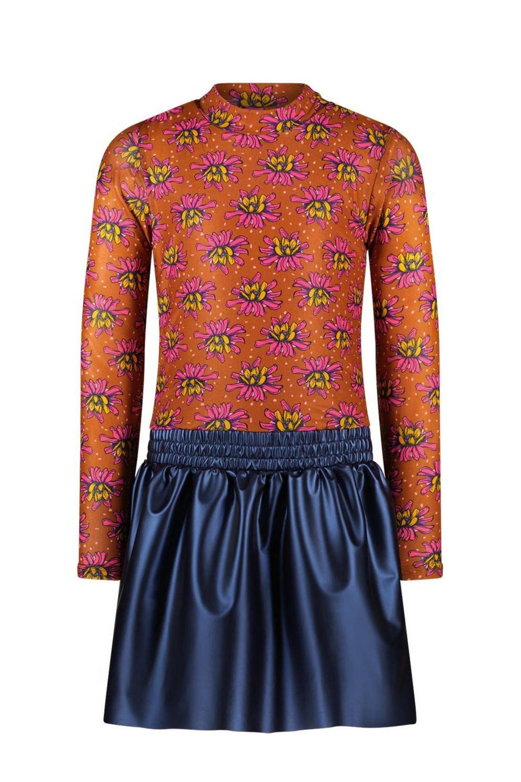Bruin en donkerblauwe meisjes B.Nosy gebloemde jurk roestbruin van polyester met lange mouwen, opstaande kraag en elastische tailleband