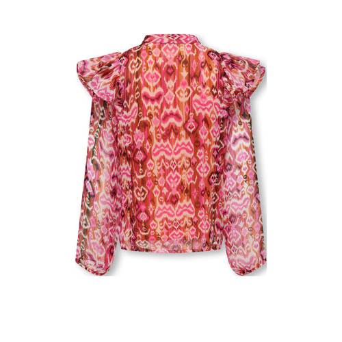 Only KIDS GIRL semi-transparante blouse KOGZABELLA met all over print roze rood oranje Meisjes Polyester Ronde hals 128
