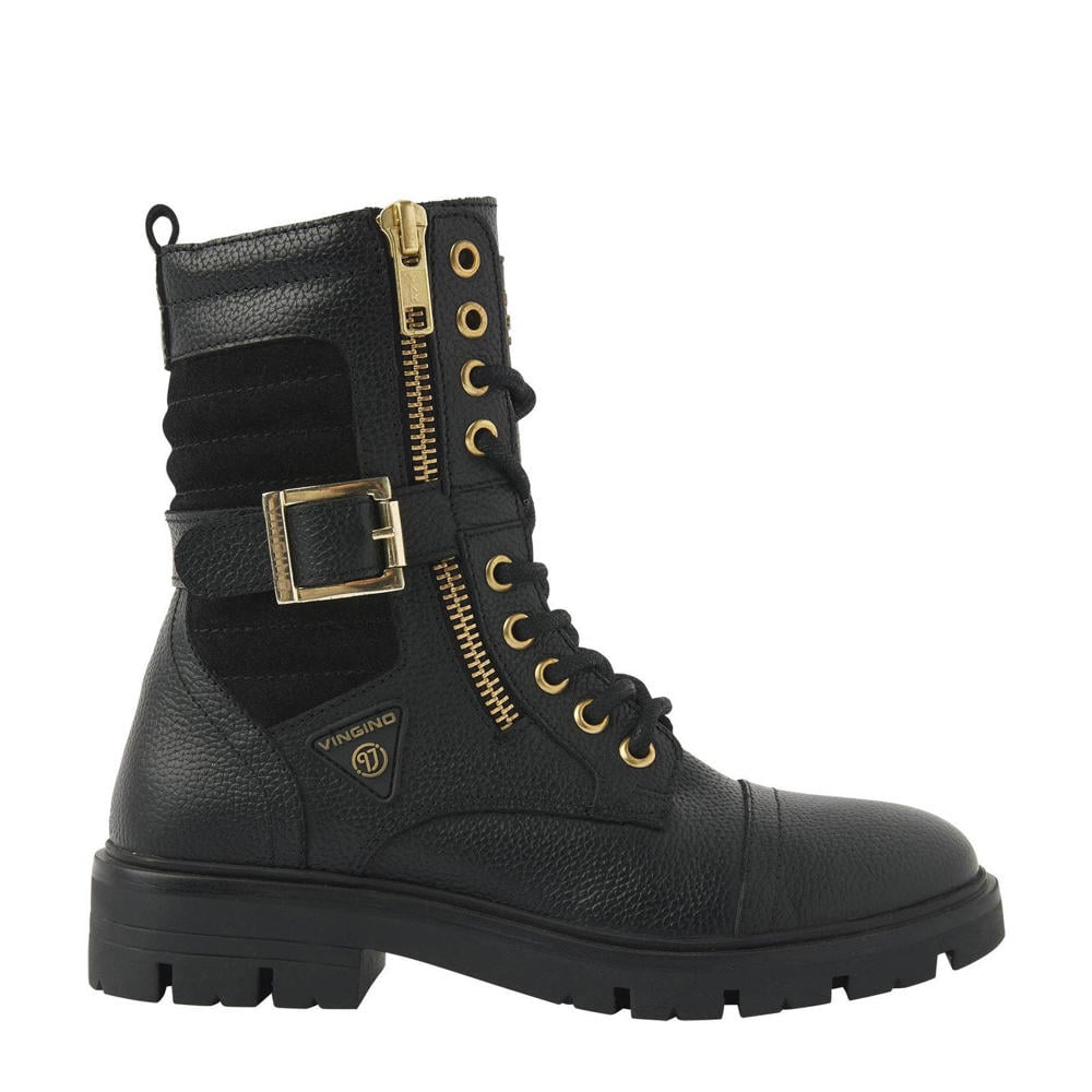 Zwarte meisjes Vingino Britt leren veterboots met profielzool, rits- en vetersluiting en effen