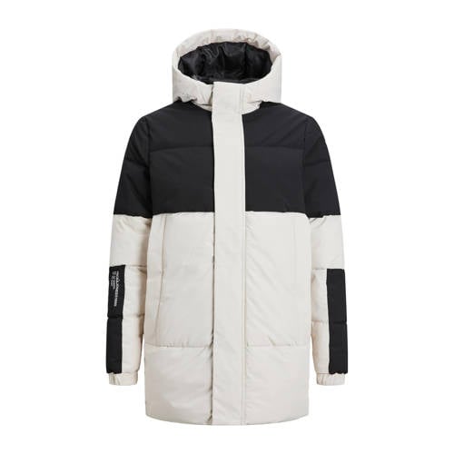 JACK & JONES JUNIOR gewatteerde winterjas JJEFORCE wit/zwart Jongens Gerecycled dons Capuchon