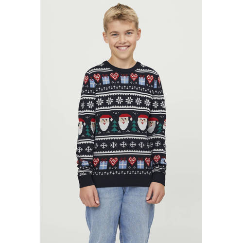 jack & jones JUNIOR kersttrui JORFESTIVE met all over print donkerblauw Jongens Gerecycled katoen Ronde hals 128